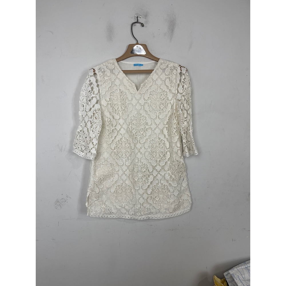 J.McLaughlin Womens White Linen Cotton Floral Lace V-Neck Tunic Top Size Sā